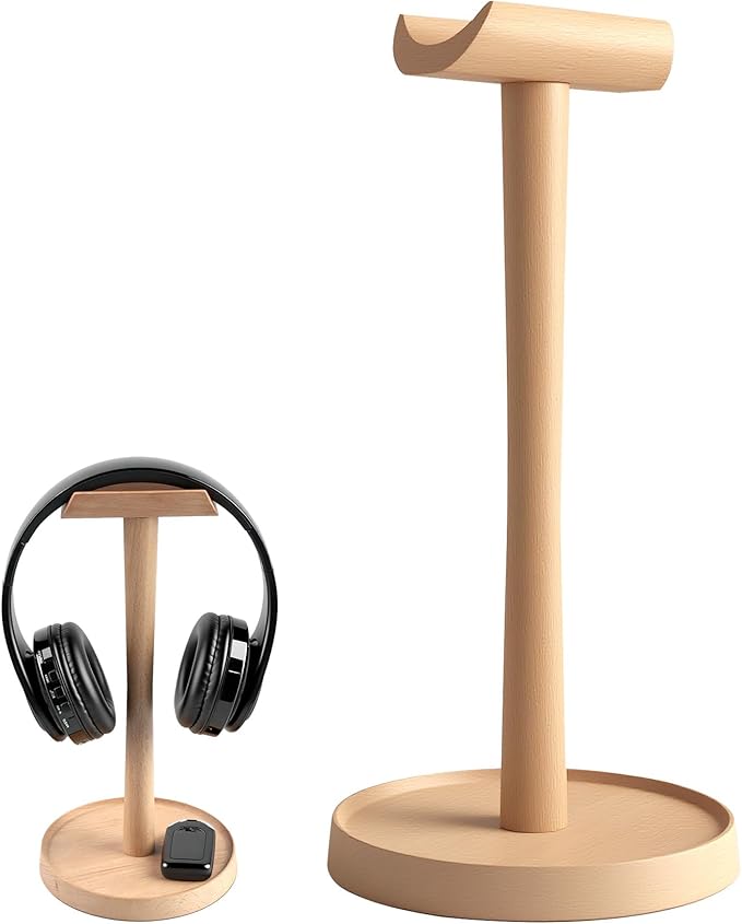 Yookin Wood Headphone Stand Headset Stand for Deak Universal Headphone Holder with Storgae Base Handcrafted Desk Organizer for Gaming Headsets(Beech Wood)
