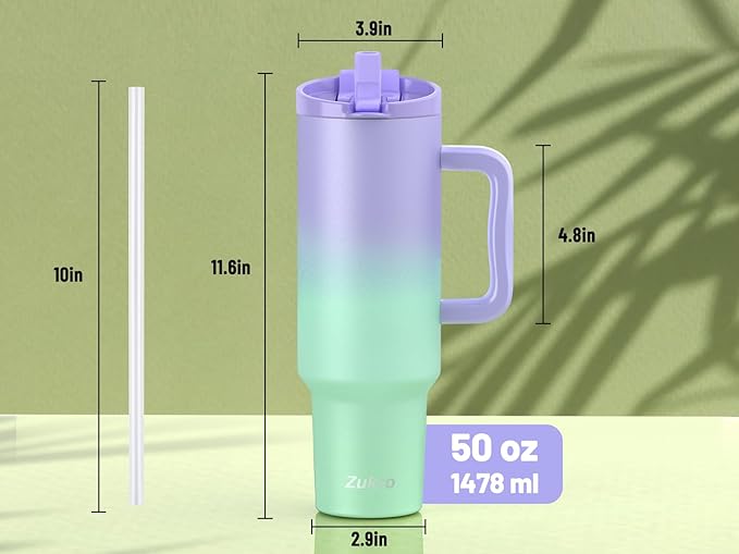 Zukro 50 oz Tumbler With Handle and Flip Straw, Leak Proof Lid, Double-Wall Stainless Steel Water Bottle for Home, Oiffce, Work, Large Vacuum Insulated Travel Cup Fit in Cupholder, BPA-Free