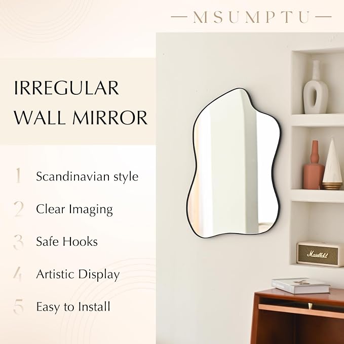 Irregular Wall Mirror Black Wave Shaped Metal Framed Wall Mirror for Bathroom Bedroom Entryway Living Room Wall Decor 30.5" L x 23" W 2303B