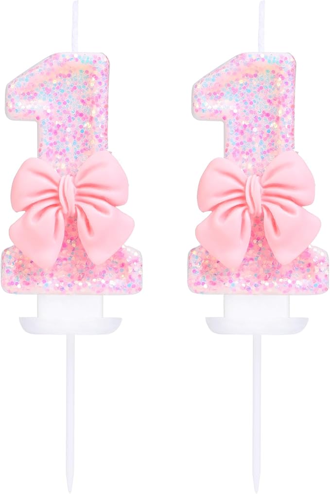 Number 11 Candle Pink Sequins and Bowtie 11th Cake Topper, 11 Birthday Candle for Girls Pastel Sweet Theme Birthday Party or Adults Milestone Age Decoration