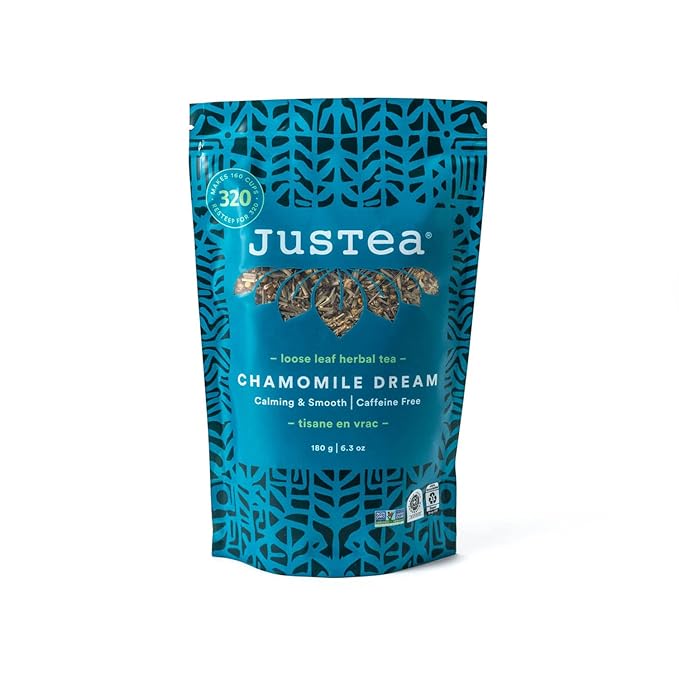 JusTea CHAMOMILE DREAM | Loose Leaf Herbal Tea | Recyclable Refill Pouch | 160+ Cups (6.3oz) | Caffeine Free | Award-Winning | Fair Trade | Non-GMO