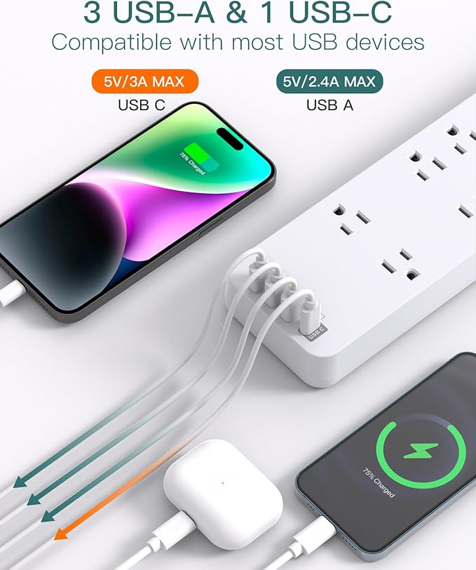 Power Strip, Addtam Surge Protector with 10 Outlets and 4 USB Ports, 6 Feet Extension Cord with Flat Plug, 2700 Joules, ETL Listed, White
