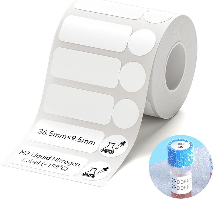 NIIMBOT M2/M3 Labels Low-Temperature Label Paper 1.44'' x 0.37'' (385Labels/Roll), Liquid Nitrogen Medical Scientific Research Sample Detection Centrifuge Tube -198°C Freezing Adhesive Sticker