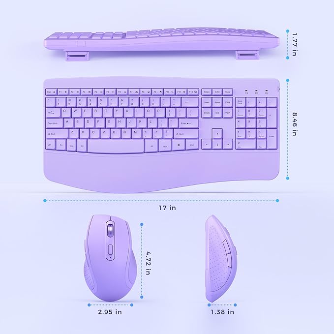 Ergonomic Keyboard and Mouse Combo - Full Size Keyboard Cordless with Palm Wrist Rest Ergonomic Mouse Wireless for Windows Computers Laptops - Light Purple (Upgrade)
