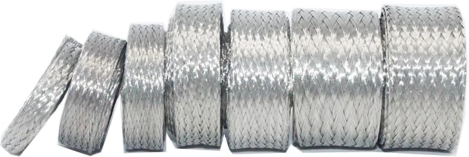 Tinned Copper Braided Cable Shielding Sleeve Metal Wire Loom Sheathing EMI RFI ESD Protector Grounding Mesh Flat Tubular Expandable 1/4" W(0.16" ID)-35FT