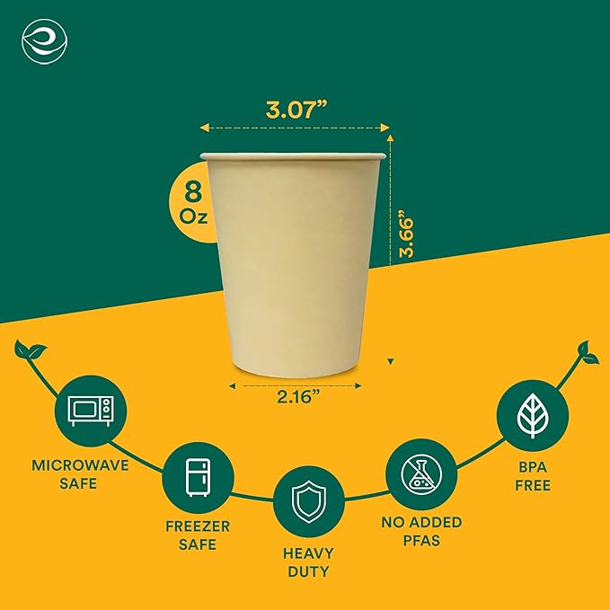 ECO SOUL 200 Pack 8 oz Disposable Coffee Cups Eco-Friendly, Biodegradable, Compostable, Leak-free & Sturdy To Go Hot Drink Travel Bagasse Cup for Tea, Chocolate, Party, Picnic & Cafe, Office & Home