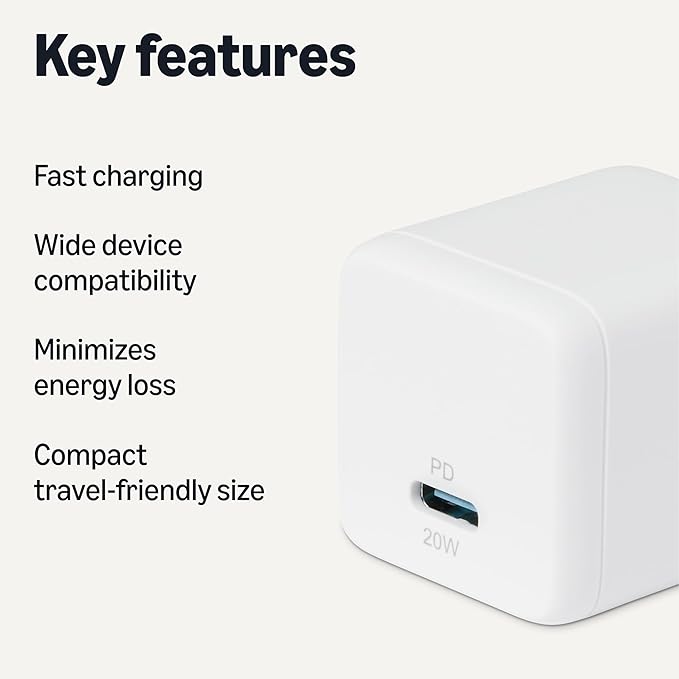 Amazon Basics Fast Charging USB C Nano GaN Wall Charger, 20W 1-Port PD 3.1 for Tablets Phones, White