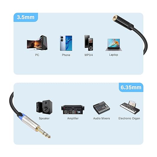 PNGKNYOCN 1/4 to 1/8 Headphone Adapter，6.35mm TRS Male to 3.5mm Female Stereo Jack Audio Adapter Extension Cable for Headphones, Amplifiers, Guitar,Amplifiers(0.3M/1FT)