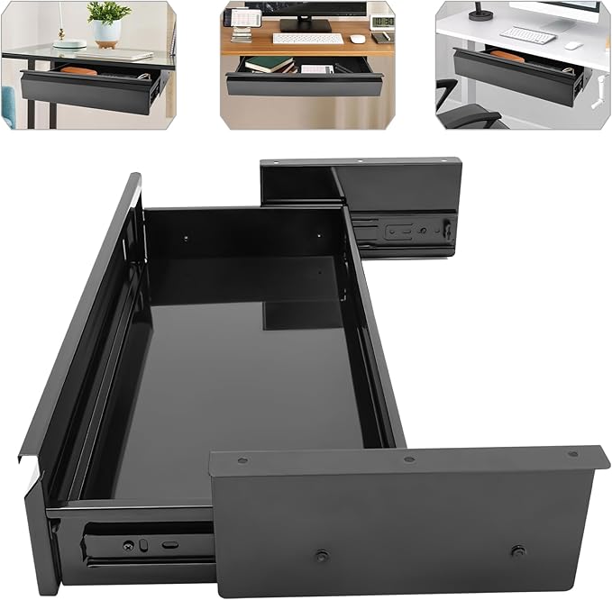 FFanhia 22 Inches Under Desk Mounted Sliding Pull-out Drawer Storage Drawer for Sit Stand Workstation Office Desk(Applicable Table Thickness: 0.79in) Black
