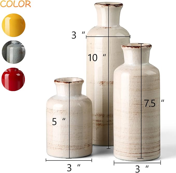 CwlwGO-Small White Ceramic Vase Set,Rustic Flower Vases for Home Décor,Flower Vase,Farmhouse Country Décor,Living Room Centerpiece Table Decorations,Shelf & Mantel Decor.