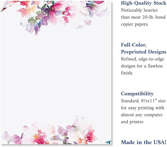 Current Brushed Floral Letter Paper - Spring Stationery Papers With Decorative Flower Border, Printable Holiday, Wedding & Bridal Shower, & Invitation Sheets, Set of 25, 8 1/2" x 11"