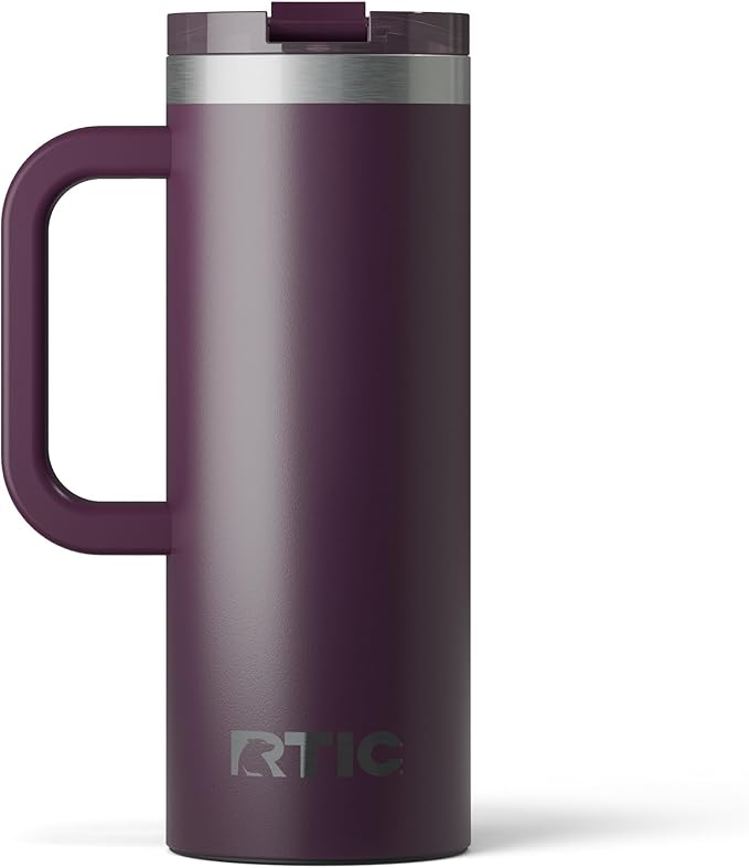 RTIC 20oz Road Trip Travel Mug with Lid and Handle, Ceramic Lined, Insulated, Stainless Steel, Metal, Double Wall Vacuum-Insulation, Portable Coffee, Tea Cup for Hot and Cold Drink, Plum