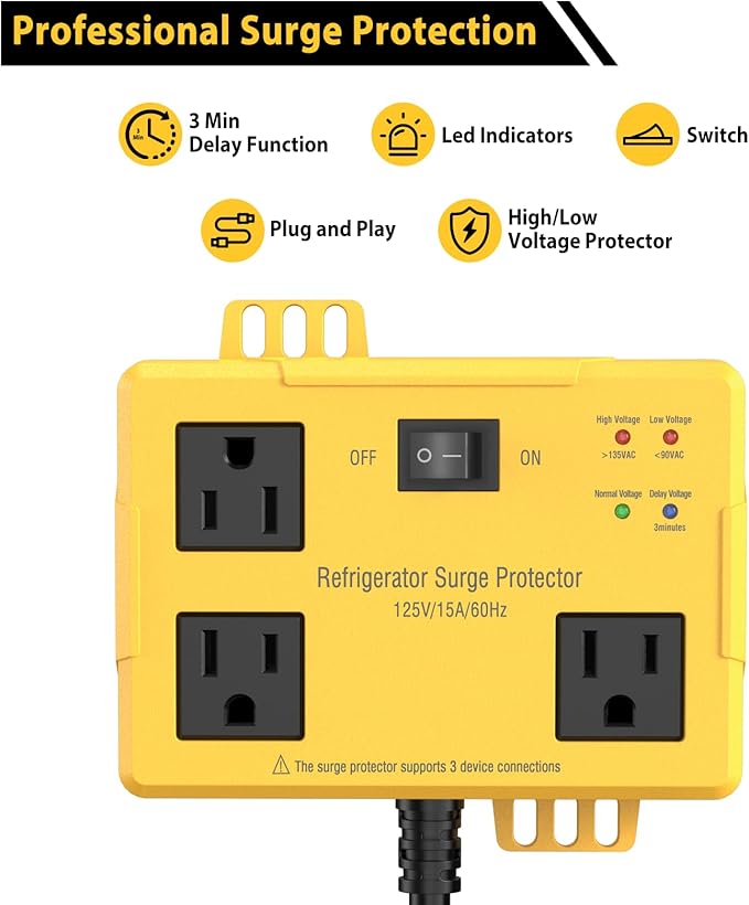Refrigerator Surge Protector - Wall Mount 3 Outlet Voltage Protector with Time Delay & LED Indicator for Home Appliances, Against High & Low Voltage Brownouts Spikes & Instant Surge,125V/15A/6FT