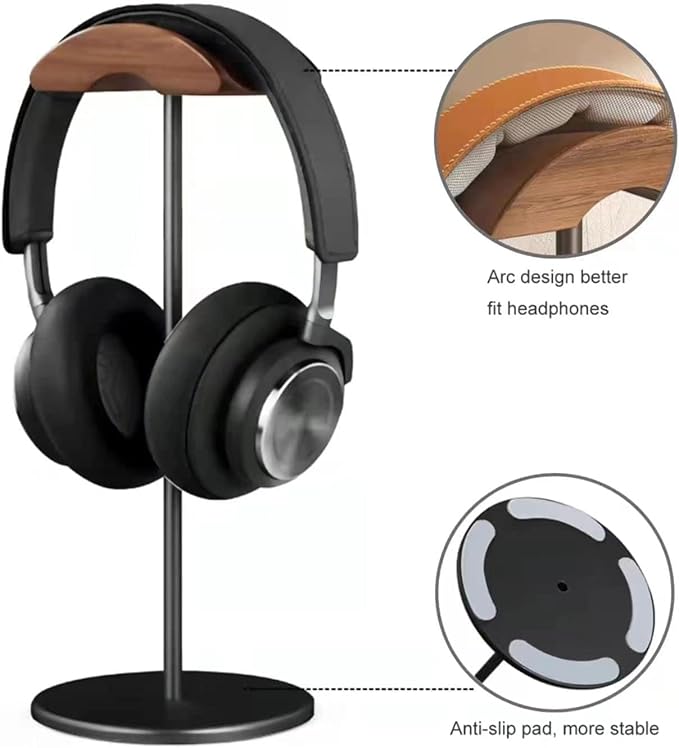 Jcurycke Headset Stand with 6.5cm Wide Walnut Wood Headrest,Headphone Holder Desk Removable with Solid Heavy Base,Headset Holder for Over Ear and Gaming,Headphone Stand Suitable for Table