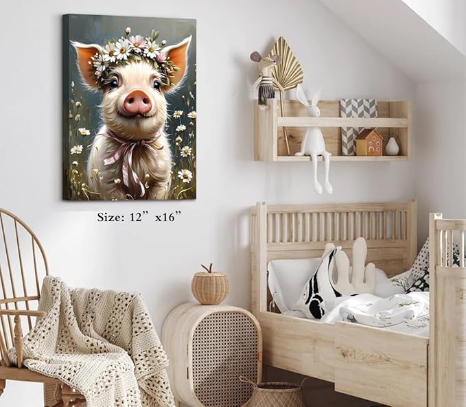 ZOIYINO Farm Animals Canvas Wall Art,Rustic Farmhouse Pig Wall Art,Pig Pictures Wall Decor,Funny Farm Animals Wildflower Bathroom Decor for Living Room Bedroom Kitchen(12"x16"Framed)