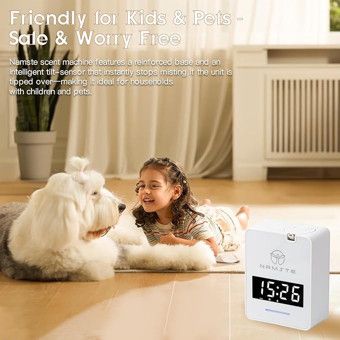 Namste Waterless Diffuser - HVAC System Essential Oil Diffuser with Clock - Whole House & Hotel Coverage 3000 Sq. Ft, 300ML Scent Machine Smart Oil Level Monitoring, Bluetooth Control, Cold Air Tech