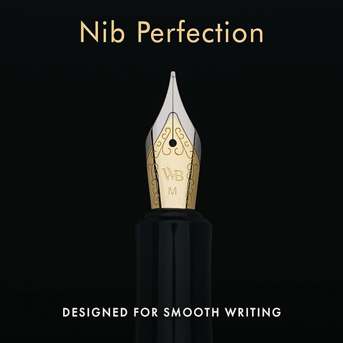 Wordsworth and Black Fountain Pen Mini EDC: Luxury Black Heavy Pocket Pen, Gold Finish, Medium Nib, 6 Ink Cartridges, Ink Converter, Travel Refillable Writing Pen Gift Set, Men & Women