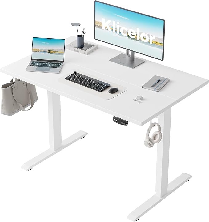 Klicelor 40 Inch Electric Standing Desk, Height Adjustable Office Desk, Sit Stand Up Computer Desk with Memory Preset, Two-Piece Desktop, White