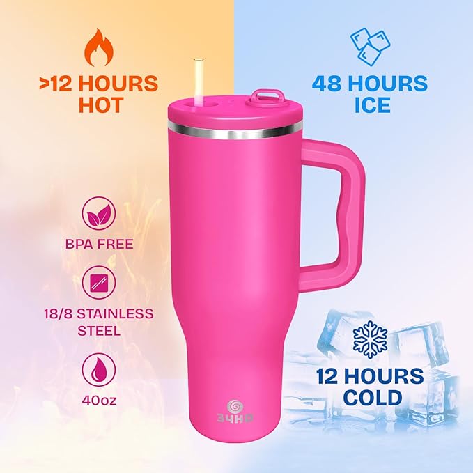 34HD 40 oz Stainless Steel Tumbler - Leakproof Insulated Water Bottle with Handle, Magnetic Lid and Flexible Straw - Iced for 48 Hours – Perfect for Men, Women, Birthday Gift, Pink - Hot Pink