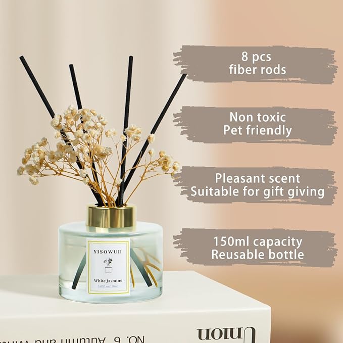YISOWUH Reed Diffuser Set,5.07 fl oz (150 ml) - White Jasmine Oil Diffusers with 8 Reed Sticks,Home Fragrance Reed Diffuser for Bathroom Shelf Decor
