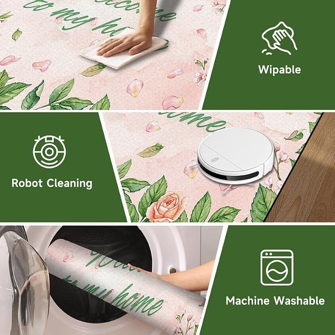 Welcome Rug Floral Area Rug for Entryway Bedroom Living Room Nursery Playroom Classroom Home Decor Pink Rose Green Leaf Carpet Non-Slip Washable Floor Mat,2'x3'