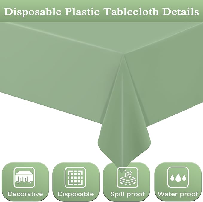 WNINK 2 Pcs Sage Green Plastic Tablecloth for Rectangle Tables Waterproof Green Disposable Table Cover Green Tablecloths for Birthday Wedding Bridal Shower Engagement Parties (54 x 108 Inch)