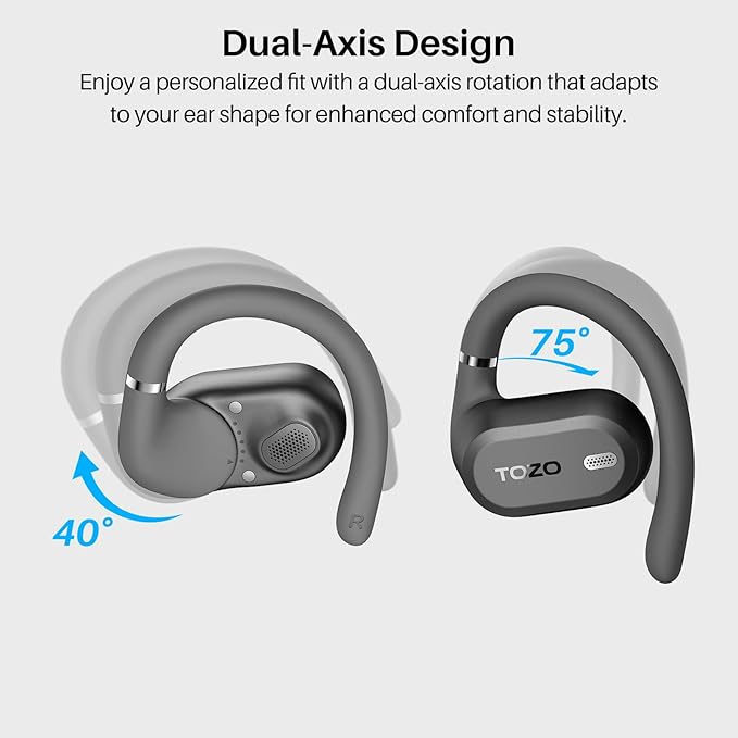 TOZO OpenWear Open Ear Headphones, Adjustable Ear Hooks, Ultra Comfort, Punchy Bass Bluetooth Headphones 5.4 with Smart Digital Display, Immersive Audio Earbuds, Fast Charging for Running, Office
