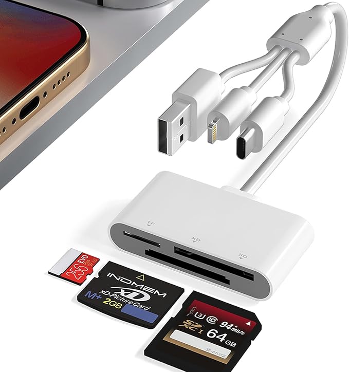 Digital Camera Adapter XD Card Reader - 2025 New SD Card Reader for iPhone 17/16/15/14/iPad/PC/Android/MAC, 3 in 1 Lightning+USB A+USB C OTG Adapter Plug & Play MicroSD SD/TF/XD Picture Reader