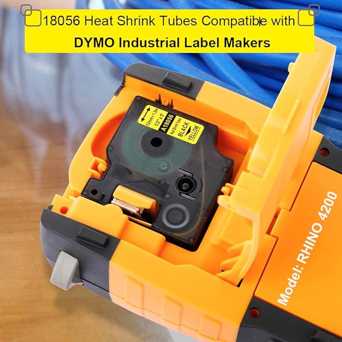 Industrial Labels Replace for DYMO 18056 A18056 12mm Heat Shrink Tube Label Compatible with DYMO Rhino 4200, 5200, 5000, 6000, 6000+ Industrial Label Maker, Black on Yellow, 1/2" x 4.9',4-Pack