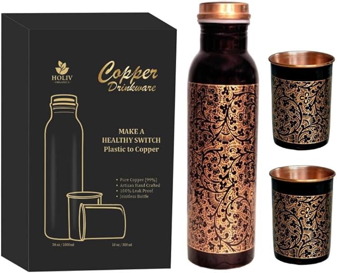 Floral Antique Copper Bottle and 2 Tumbler Set - 34oz Engraved Vessel with 10oz Cups - Indian Artisan Handcrafted - Premium Wellness Gift