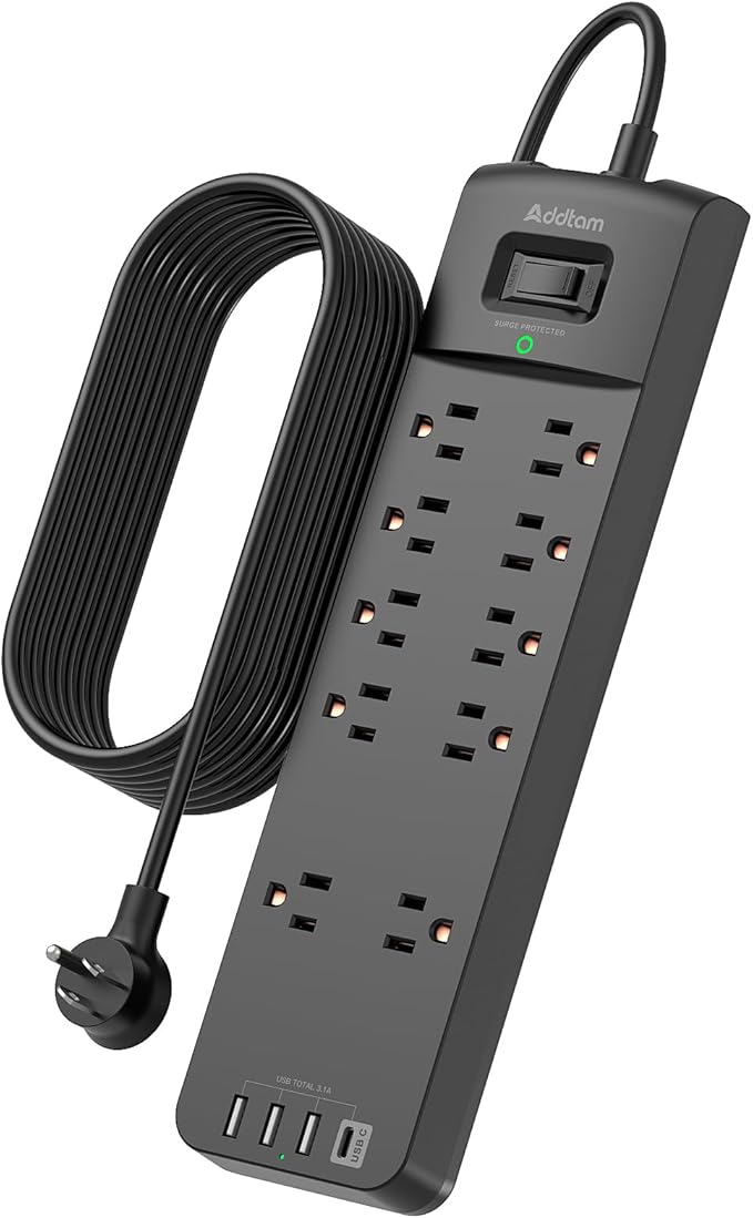 12FT Long Power Strip Surge Protector, Addtam Surge Protector with 10 Outlets and 4 USB Ports, Extension Cord with Flat Plug, 2700 Joules, ETL Listed, Black