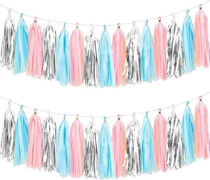 We Moment Gender Reveal Tissue Paper Tassel Banner for Wedding,Birthday,Baby Shower Party Decorations，DIY Kits，Pink，Blue，Silver，15PCS