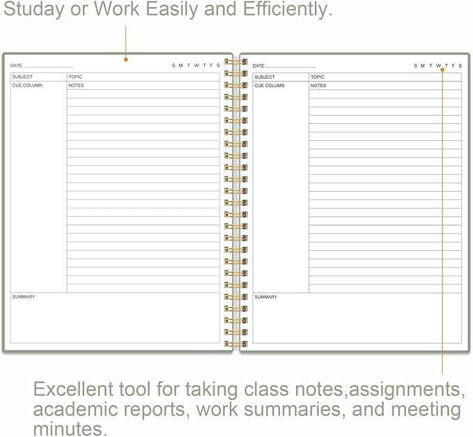 Yaridar A4 Cornell Notes Notebook - College Spiral Cornell Notebooks for Note Taking, Subject Ruled Steno Pads for Office/School/College/Home, 8.5" x 11", Green