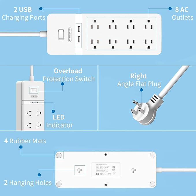 Flat Plug Extension Cord 15Ft - NTONPOWER 8 Outlets Surge Protector Power Strip with 2 USB, Overload Protection, 1080 Joules, ETL Listed, 15A/1850W, Wall Mountable for Home Office and Workbench, White
