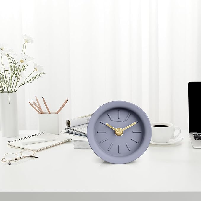 SCOAGE Retro Small Desk Analog Clock Battery Powered Vintage Table Grey Cement Bedside Shelf Mid Century Unique Cute Mini Mantel Clock Battery Operated for Office Travel Bedrooms Desktop Living Room
