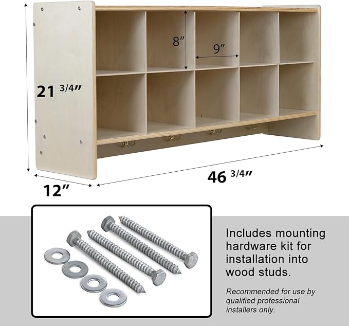 10 Section Storage Cabinet with Yellow Bins, 100% Birch Plywood Wall Mounted Storage Unit Preschool Cubbies for Classrooms and Toy Storage