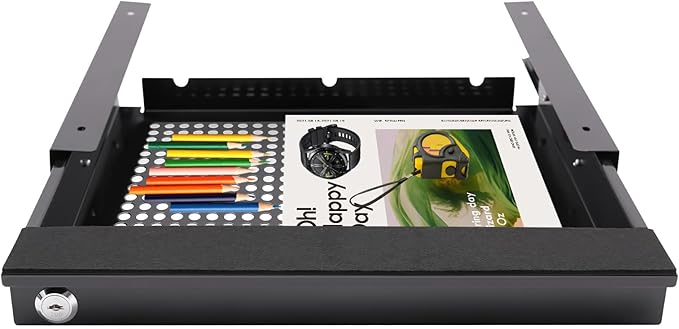 18.9" Under Desk Storage Drawer with Holes, Locking Design Black Sliding Pull-Out Drawer for Sit Stand Workstation