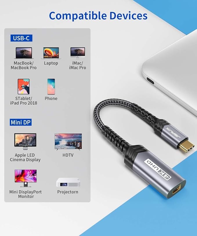 JSAUX USB C to Mini DisplayPort Adapter 4K@60Hz, Type C to Mini Display Port(Not for Thunderbolt 2) Cable, Compatible with MacBook Pro 2019 2018, Dell XPS, Samsung Galaxy S21 S20 Plus-Grey