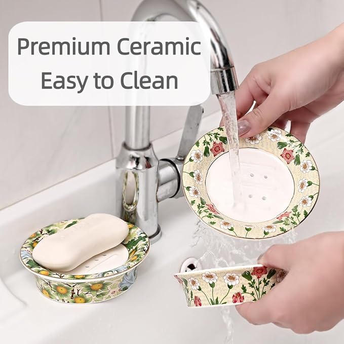 Floral Decorative Self Draining Soap Dish, Double-Layer Round Soap Tray, Vintage Ceramic Soap Dish (Style A)