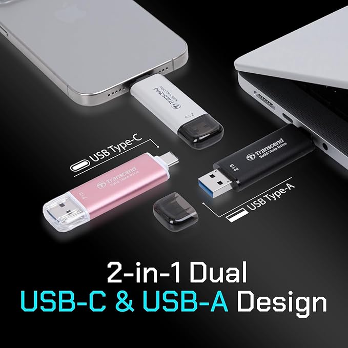 Transcend ESD310 128GB External SSD, Up to 1,050MB/s, Dual USB Flash Drive for iPhone/iPad/Mac/Windows, Android/Tablet/PC, USB 3.2 Gen 2 Thumb Drive Photo Stick, 2-in-1 Type C &Type A Memory Stick