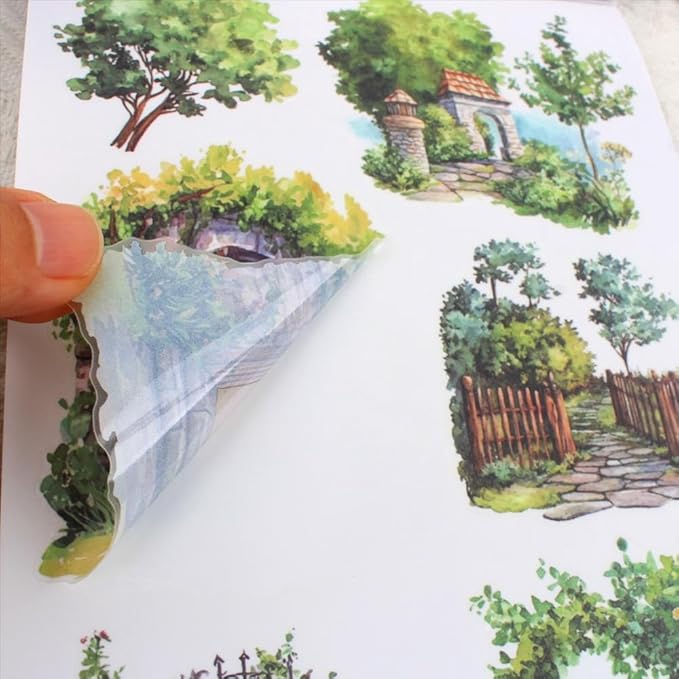 Dwpetzo Forest Woodland Castle Scenery Sticker Book for Journaling, 20 Sheets Precut PET Washi Materials Ephemera Stickers for Junk Journal Supplies, Scrapbooking, DIY Crafts Arts