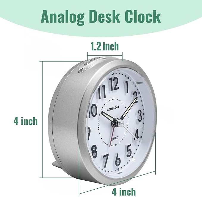 Lamisola 4 Inch Analog Battery Travel Alarm Clocks for Bedrooms, Small Desk Clock, Alarm Clocks for Bedrooms Bathroom Kithchen Home Office, Old School Bedside Table Nightstand Clock Decor, Silver