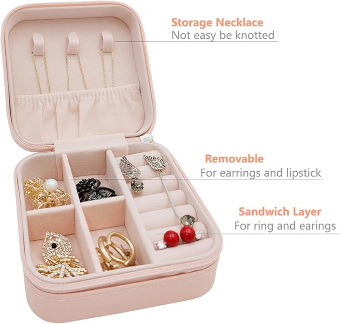 Mini Jewelry Case, Small Travel Jewelry Organizer, Portable Jewelry Box Mini Storage Organizer Display Box For Rings Earrings Necklaces (Pink-4)