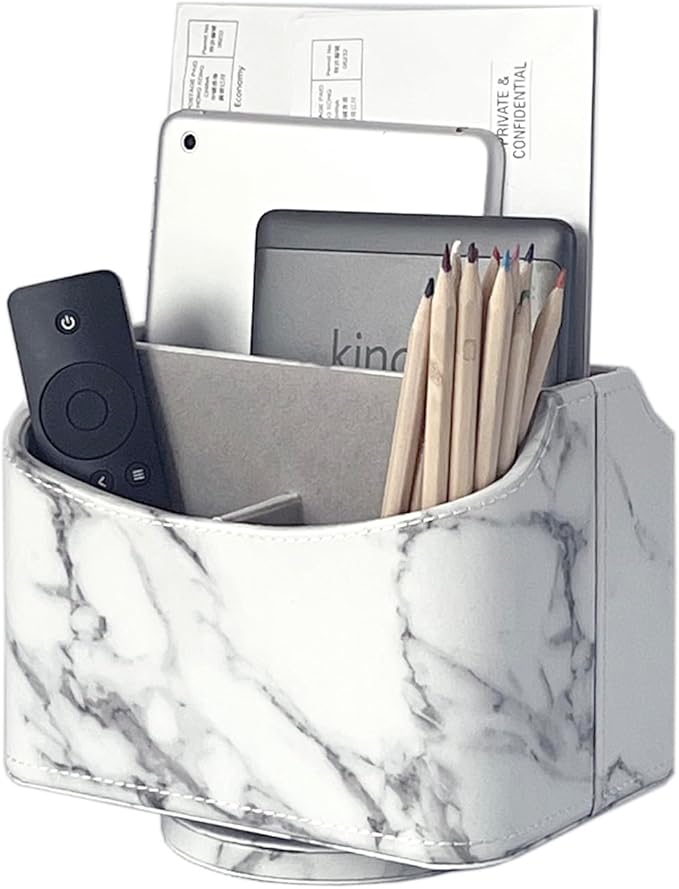 UnionBasic Rotating Desk Organizer, 360 Degree Desk Spinning Caddy, Desktop TV Guide/Mail/Media/Remote Controller Holder Organizer,Marble White