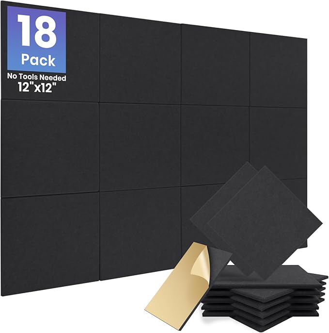 Focusound 18 Pack Sound Proof Panels for Walls, Self-Adhesive Acoustic Panels Sound Absorbing, 12" X 12" X 0.4" High Density Square Soundproof Wall Panels