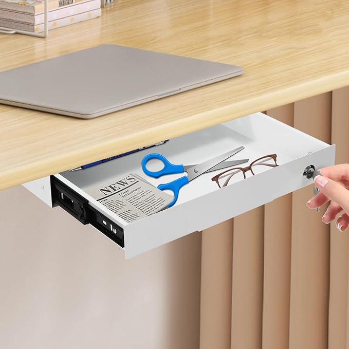 14.17" Under Desk Storage Drawer, Locking Design White Sliding Pull-Out Drawer for Sit Stand Workstation