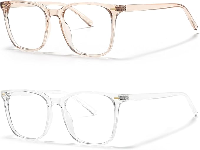 MACJERO 2-Pack Oversized Square Blue Light Blocking Glasses for Women Men, Anti-Fatigue Computer Monitor Gaming Glasses Reduce Eye Strain(transparent Brown+Clear)
