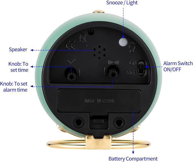 Tinload Analog Alarm Clock, Retro Simple Design Small Desk Clock with Manual Light, Battery Operated, Snooze, for Kids,Bedroom,Travel,Kitchen,Bedside Desktop(Green)