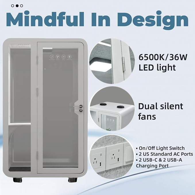Solo Office Pod, Sound Pod, Mobile Office Pod Booth, SoundProof Booth for Home, Privacy pod, Mobile Roller with Desk, LED Light, Centrifugal Fans and AC USB Ports - White