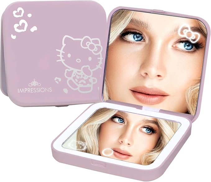 Impressions Vanity Hello Kitty Supercute Compact Mirror with Touch Sensor Switch for Adjustable Brightness, Lighted Makeup Mirror with LED Lights and 2X Magnifying Mirror Top (Pink)